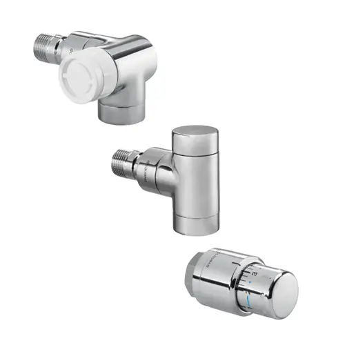 Oventrop Thermostatventil mit Rücklaufverschraubung und Winkeleck, verchromt. Besteht aus einem Thermostatventil, einem Rücklaufadapter und einem Regelventil.